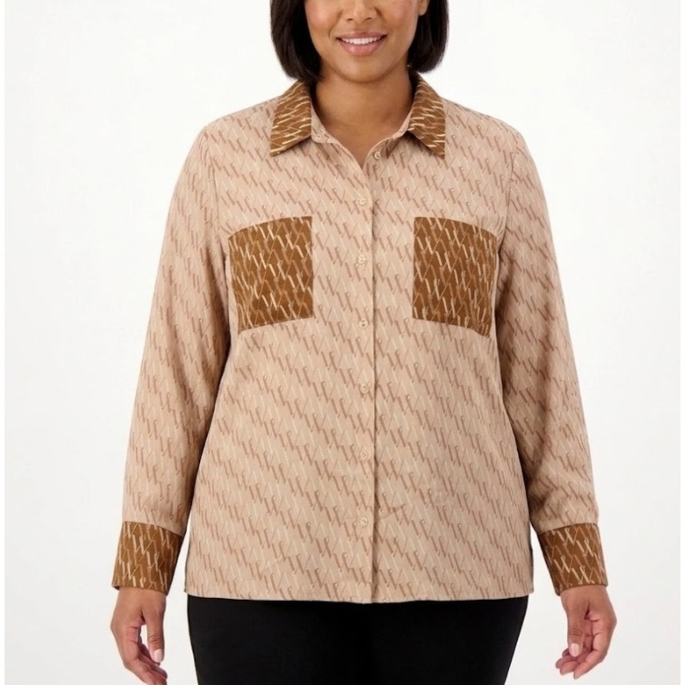 New Worthington size XXL Brown Logo Soft Flowy Long Sleeve Button Down‎ Office